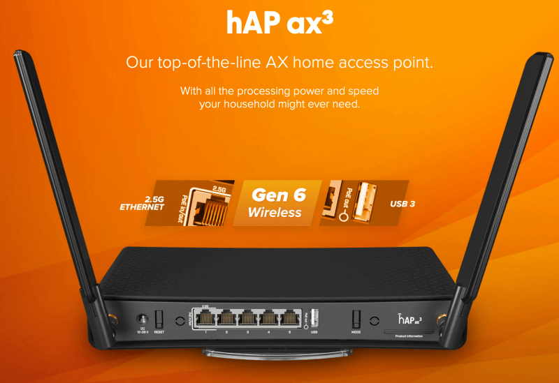 PCLife предлага MikroTik hAP ax3 | WiFi рутер | C53UiG+5HPaxD2HPaxD, двулентов, 4x RJ45 1000Mb/s, 1x RJ45 2,5Gb/s | IPQ-6010 - 864 Mhz | 1 GB | LAN 10/100/1000 , 2.5G | 802.11a/n/ac/ax - 2.4/5 Ghz , Wi-Fi 6 - MikroTik рутери, суичове Микротик