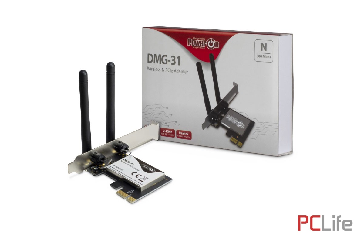 Wi-Fi PCIe адаптер INTER-TECH PowerOn DMG-31, 300Mbps, 2.4GHz, 2x 3dBi антени, PCIe x1  2. H1. Вносител: PCLife.
