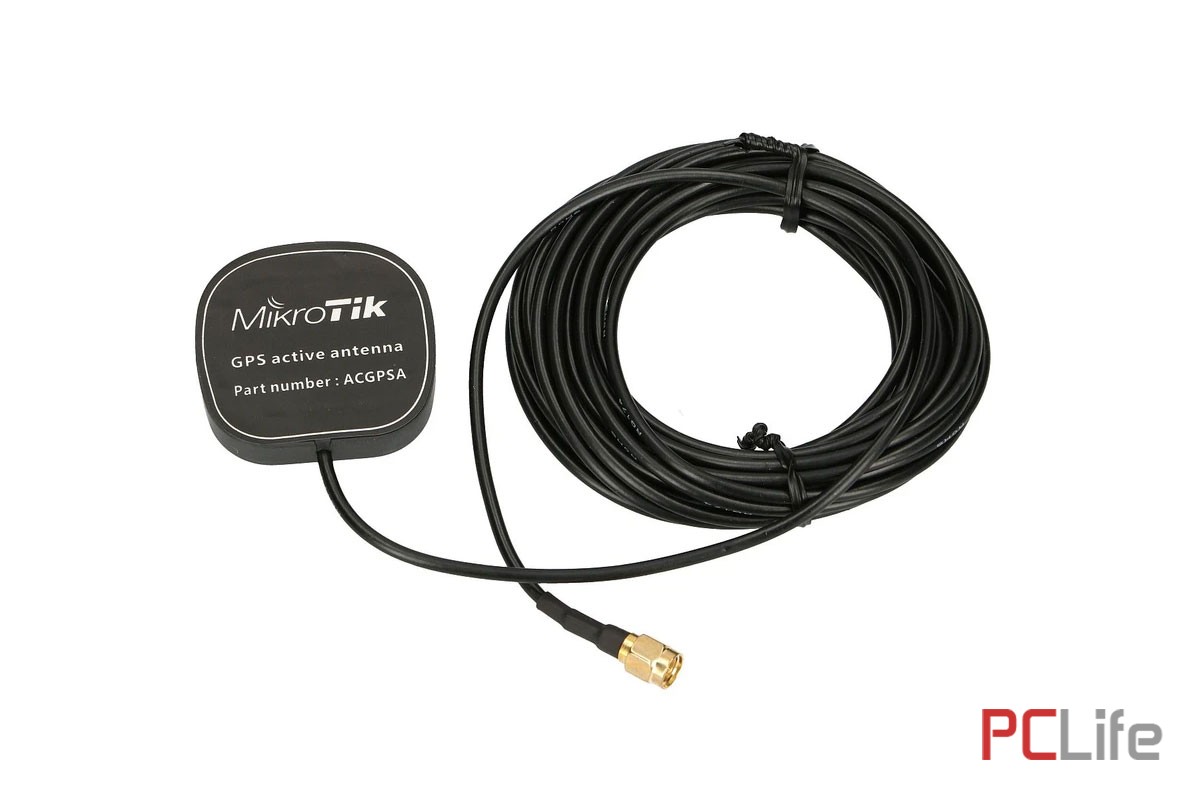 MikroTik ACGPSA – активна GPS антена на 1575.42 MHz с 26 dB усилване, SMA конектор, 5 m RG-174/U кабел и IP67 защита. Вносител: PCLife.
