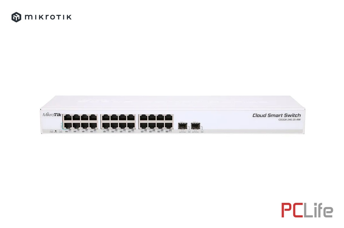 Switch MikroTik CRS326-24G-2S+RM | 24x RJ45 1000Mb/s, 2x SFP+ | RouterOS L5 | ARM 98DX3236 - 800 MHz | 512 MB | LAN 10/100/1000 | 24 PORT 10/100/1000 , 2 PORT SFP | RouterOS / SwitchOS license 5 - MikroTik рутери, суичове Микротик